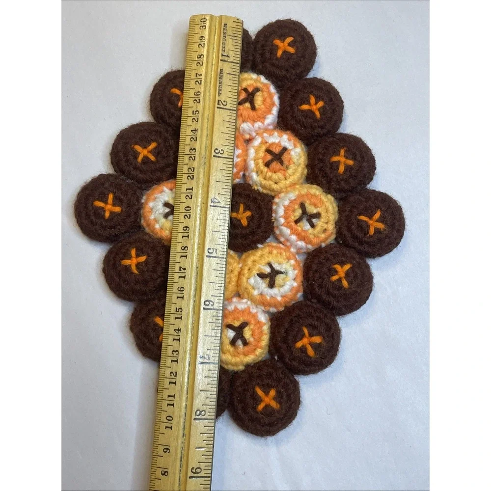 Vintage Crochet Hot Pad Trivet | Orange Brown Circles‎ with Xs | Cottage Grandma